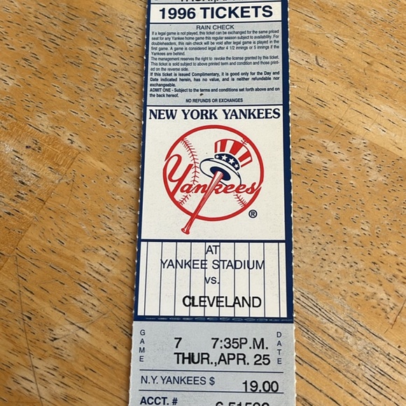 April 25 1996 Yankees vs Indians Full Ticket Derek Jeter Andy Pettitte